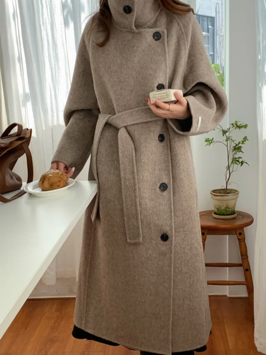 2023 Htbt23 Anti Season Temperament Long Wool Standing Neck Double Sided Fleece Coat Autumn and Winter New Long Lace Wool Coat