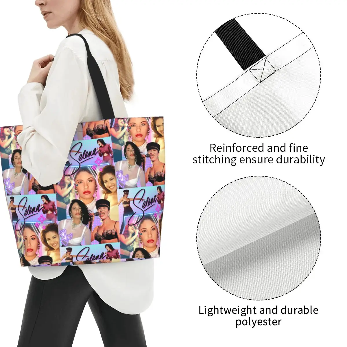 Selena Quintanilla Vintage Shopping Tote Bag Canvas Large Capacity Shoulder Bags Shopper Grocery Handbag for Women