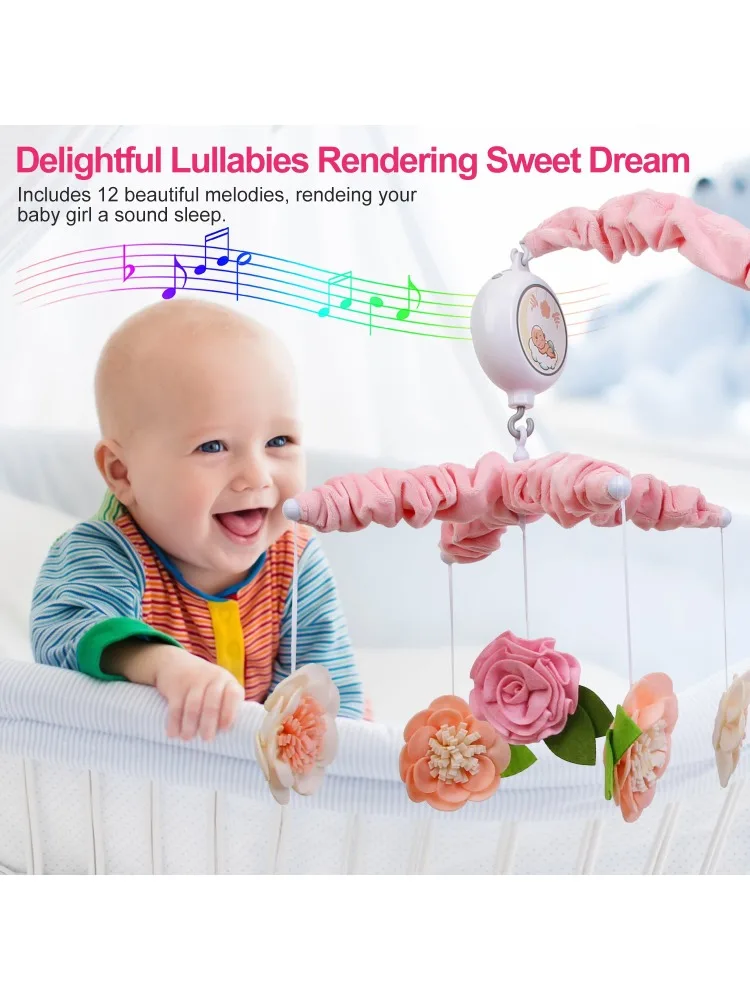 Baby Music Crib Bell Children's Room Rattles with 12 Melodies 5 Flower Shaped Rattles 3 Modes Volume Adjustment