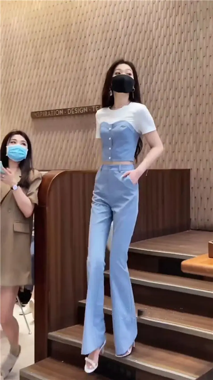 Temperament Fashion Set Women's Spring/Summer New Korean Edition Casual High Waist Slim Wide Leg Pants Two Piece Set Trendy