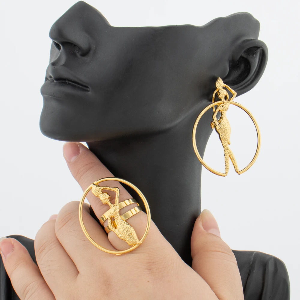 

Earrings Jewelry Set for Women African 18k Gold Color Earrings with Ring Unusual Design Ear Accessories Girls Lover Daily Gifts