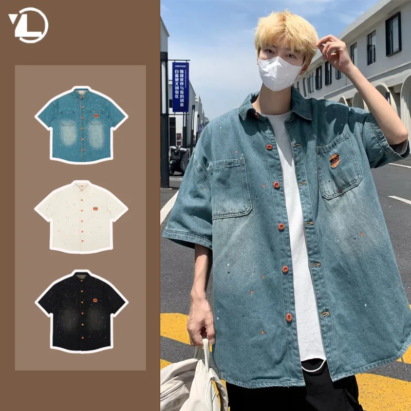 Summer Street Mens Denim Shirt College Casual Single Breasted Pockets Washed Cowboy Tops Short Sleeved Jacket Streetwear 2024