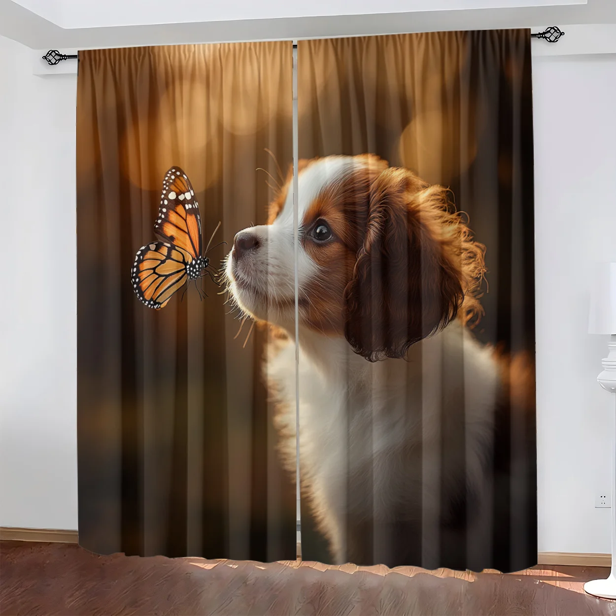 Cute Spaniel Dog Butterfly Theme Curtain 2 Panels Soft Blur Warm Light Dark Brown Base Living Room Realistic Animal Home Decor