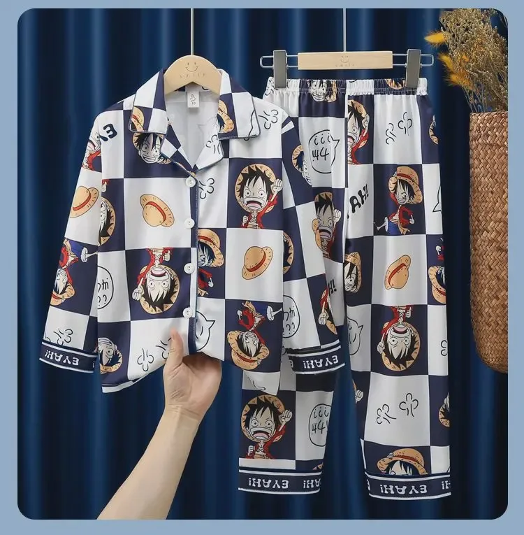 

Japanese Cartoon D Luffy Children Pajamas Smooth Icy Silk Long Sleeve Tops Elastic Waist Pants Boys Nightwear Loungewear Suit