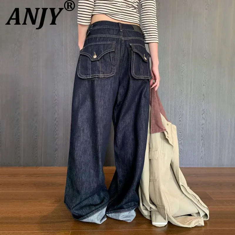 ANJY Spring Autumn New Women Baggy Jeans Belt Buckle Back Pocket Cuffed Versatile High Street Trendy Denim Wide Leg Pants A13243