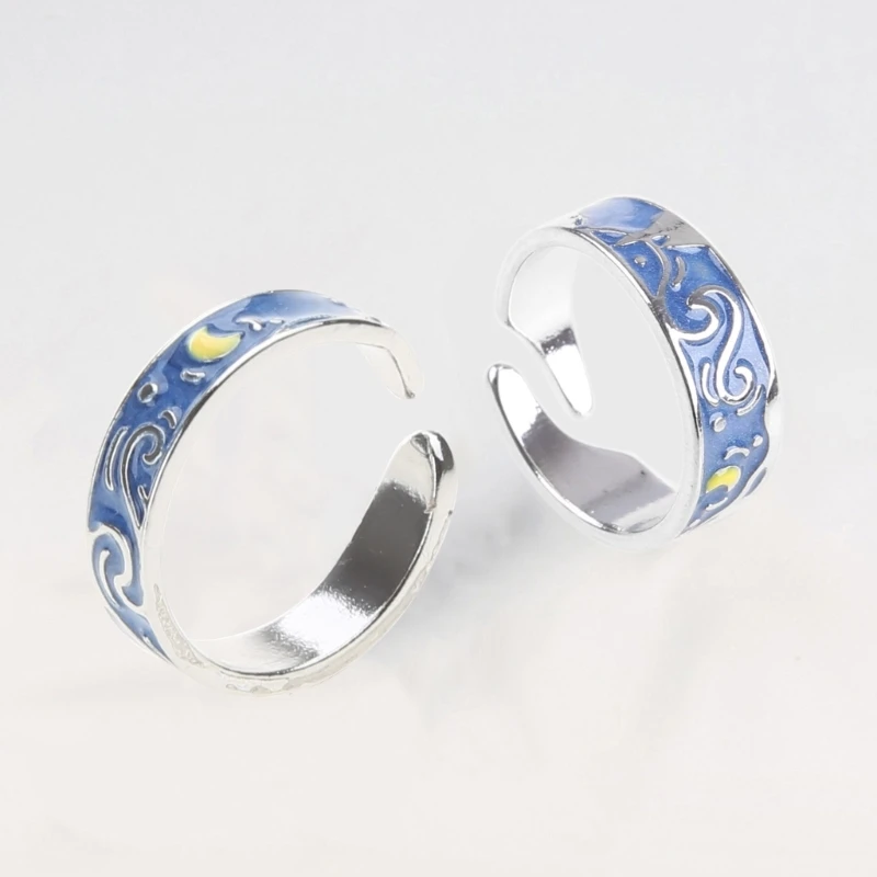 خاتم مطلي بالفضة S925 رومانسي فان جوخ مرصع بالنجوم لخاتم إصبع السماء مفتوح لمحبي #3