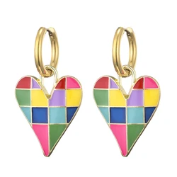 Colorful Love Heart Pendant Gold Color Stainless Steel Earrings For Women Jewelry Vintage Statement Enamel Round Hoop Earrings
