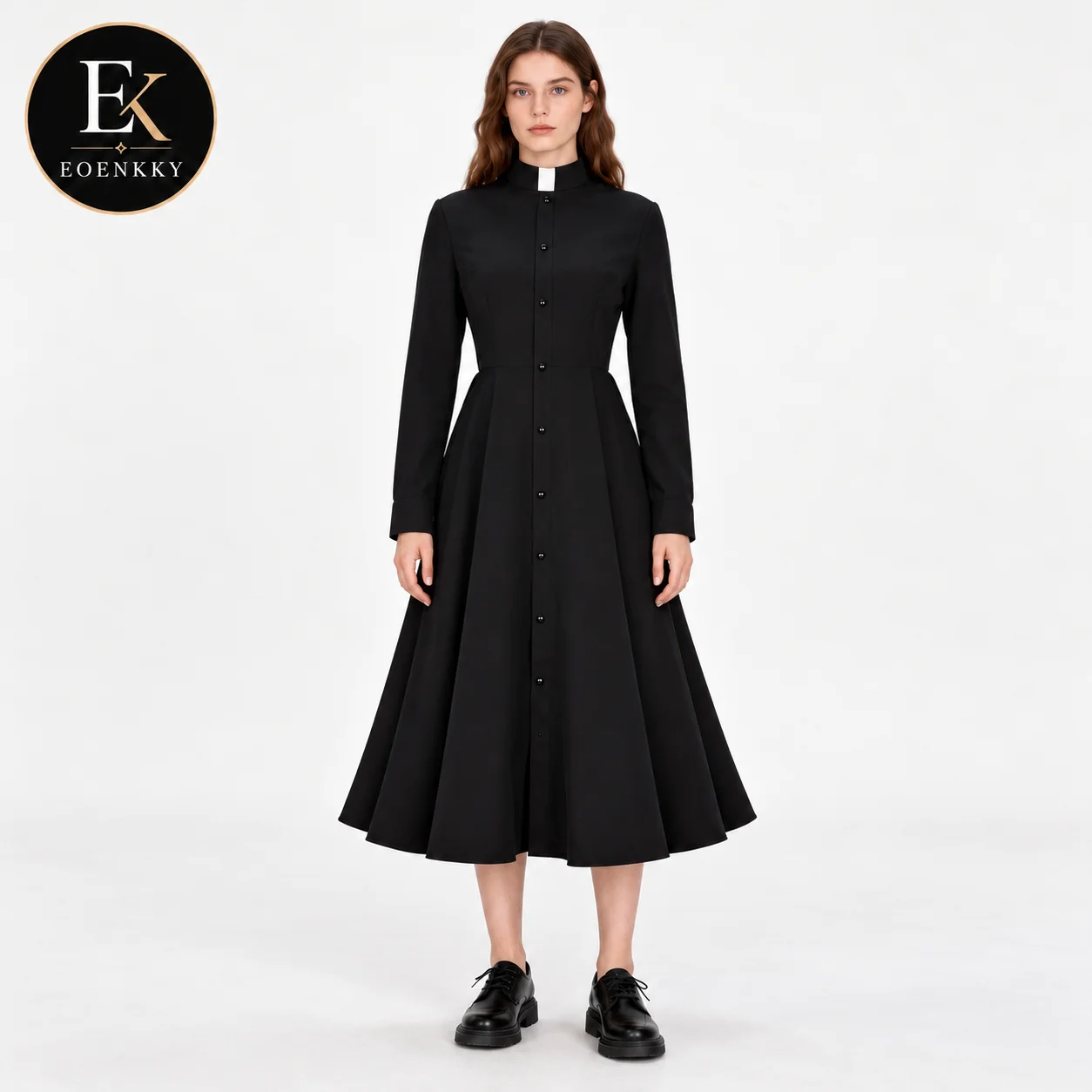 Women Gothic Priest Costume Dress Black Clergy Collar Long Sleeve Button Down A Line Midi Dress Halloween Cosplay Outfit