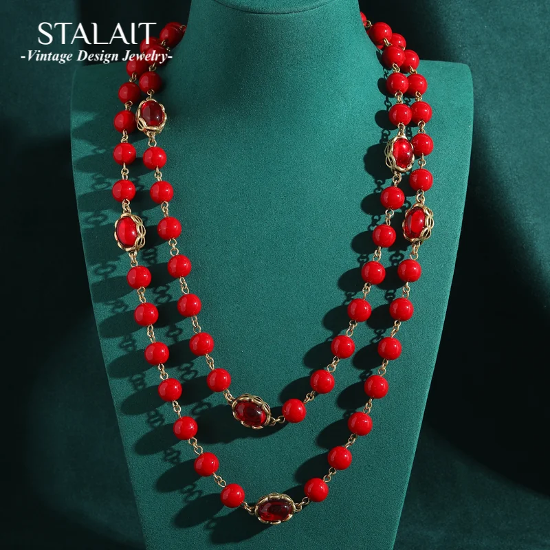 

Vintage Red Glazed Beads Necklace Long Chain Choker Round Antique Gold Color Woman Luxury Designer Jewelry Engagement 2025 New