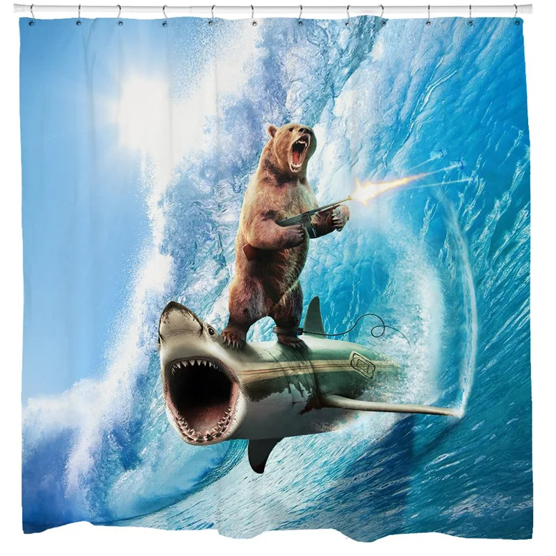 Funny Pirate Cat Shower Curtain Liner Cool Cat Riding Shark Whale In Universe Galaxy Hilarious Fabric Shower Curtain Waterproof