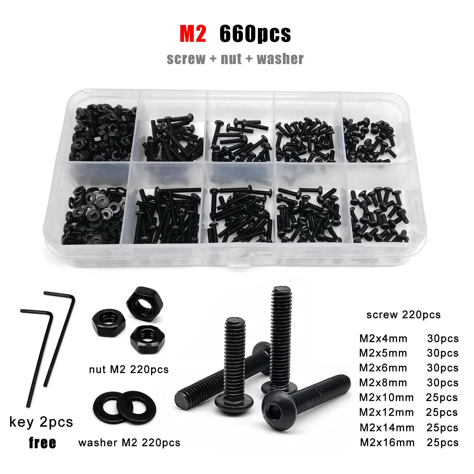 M1,6 M2 M2,5 M3 M4 M5 M6 M8 Schwarz Güteklasse 10,9 Stahl Sechskant Innensechskant Innensechskant Rundkopfschraube Bolzen Mutter Sortiment Kit Box – Detail 4