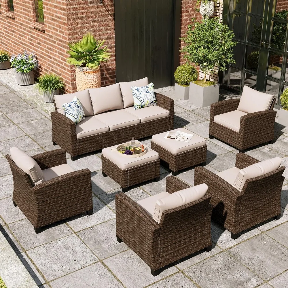 Patio Furniture Set, 7 Pieces Wicker Outdoor Conversation Set with 4