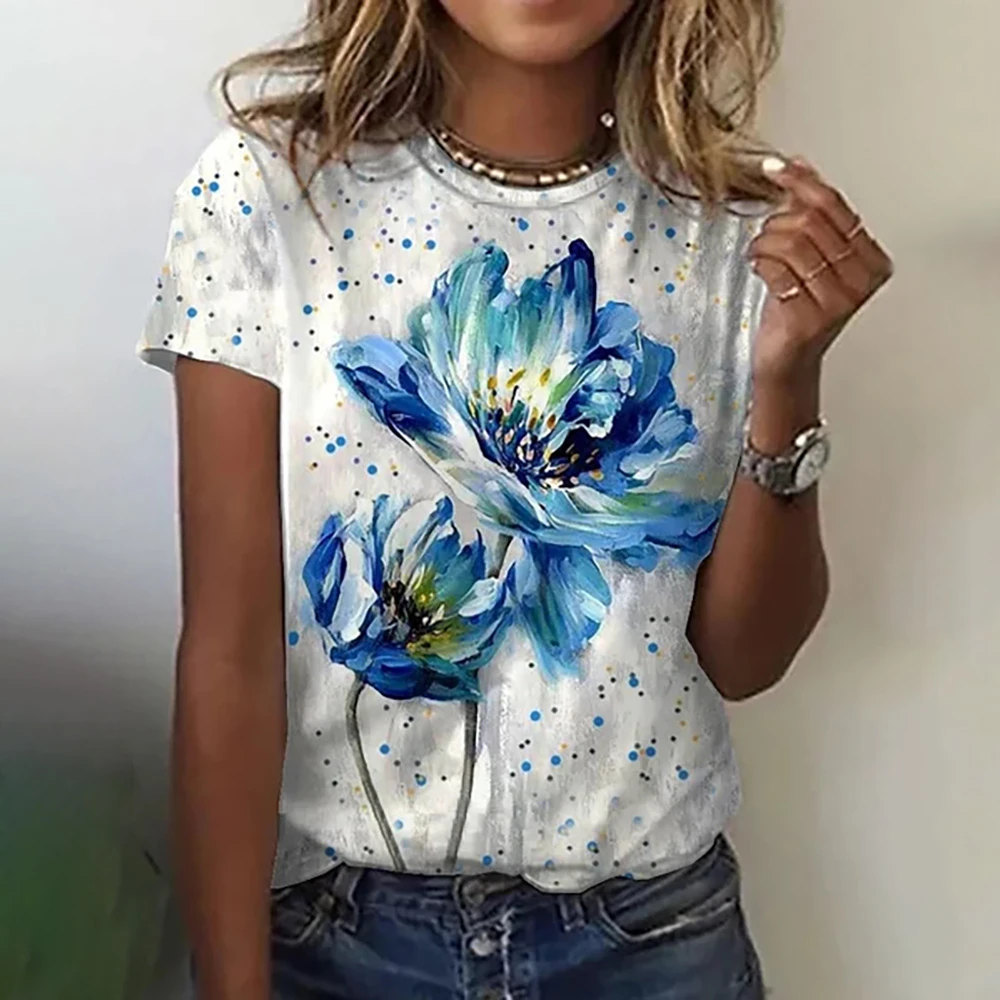 2023 Camisetas das mulheres Moda Tema Floral T Shirt Plantas Floral Tees Verão Manga Curta Top Básico Oversized Roupas Femininas