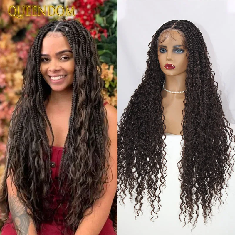 

32 Boho Braided Full Lace Front Wigs Bohemian Box Braids Wig 613 Blonde Goddess Locs Wigs Synthetic Pre Plucked With Curly Hair