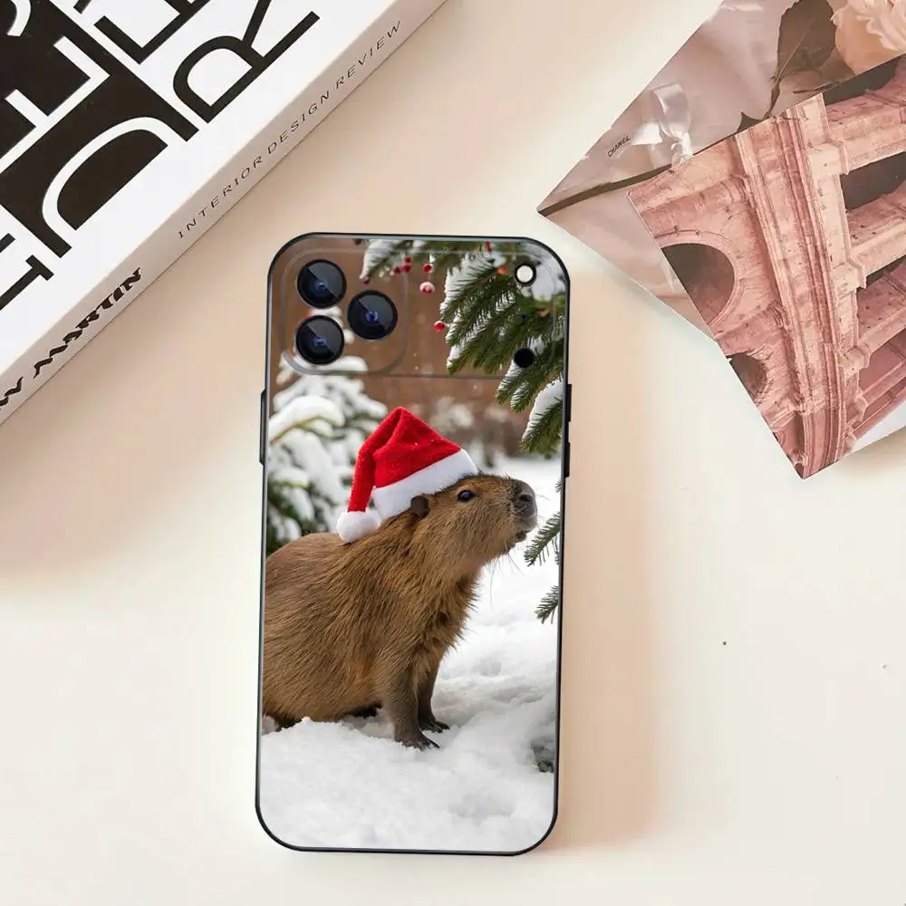 Bonito animal de estimação c-capivara para iphone 17,16,15,14,13,12,11, pro, max, plus, e, se4, air, mini capa de telefone preta com capa macia