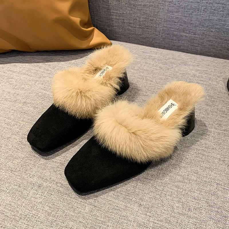 Shoes Woman 2024 Female Slippers Fur Flip Flops Square heel Cover Toe Mules Sexy New Plush Block Soft Heels Pumps High Slides