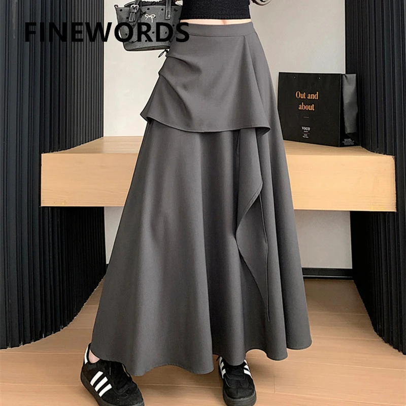 

FINEWORDS винтажная большая распашная юбка с высокой талией, летняя корейская повседневная юбка-миди с рюшами в стиле Харадзюку, длинная юбка трапециевидной формы