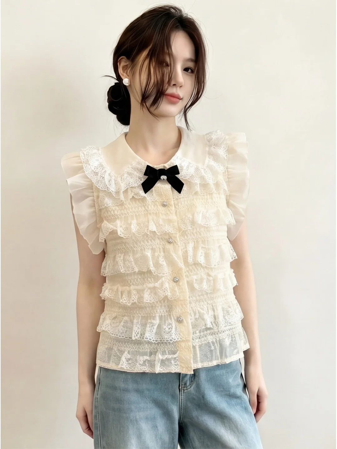

Sweet Style Doll Collar Knot Lace Shirt Women's Summer Elegantly Versatile Lace Trim Slimming Top