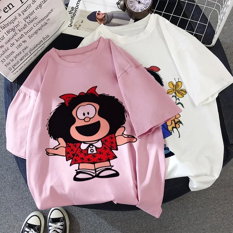 Mafalda Kawaii Graphic Print T-shirt Women Harajuku Aesthetic Pink Tops Y2k Tshirt 2024 New Summer Fashion Anime Female T Shirt