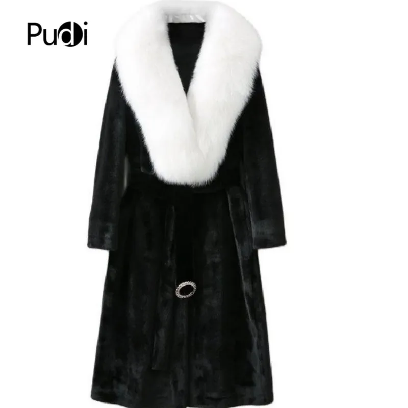 

PUDI New Fashion Women Faux Mink Fur Long Warm Coat With Real Fox Fur Collar H82557
