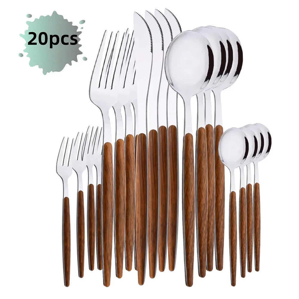 

20Pcs Dinnerware Set Stainless Steel Silver Imitation Wooden Handle Clamp Western Knife Fork Spoon Cutlery Tableware Silverware
