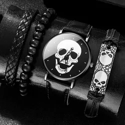 4Pcs Mens Black Watches Skull Pattern Dial Design Luxury Leather Band Quartz Wristwatch Outdoor Casual Sports Watch Relogio