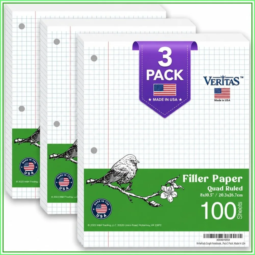 Graph Paper Loose Leaf, 300 Sheets, 8x10.5 In, 4x4 Quad Ruled, 3-Hole Punched, 65 GSM