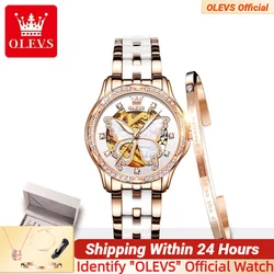 OLEVS  Mechanical Women Watch Fashion Switzerland Luxury Brand Ladies WristWatch Automatic Ceramic Hollow Design montre femme