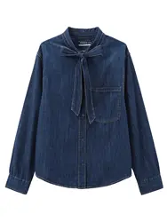 XNWMNZ 2024 Women's Bow Denim Shirt Women Retro Long Sleeve Patch pocket Front Button Versatile Female Top