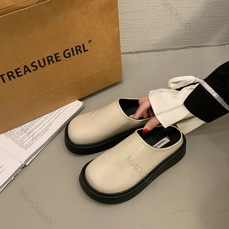 

Women's Spring Platform Mules Baotou Half Slippers Casual Round Toe Slip on Leather Shoes for Women Solid Flat Bottom Slides