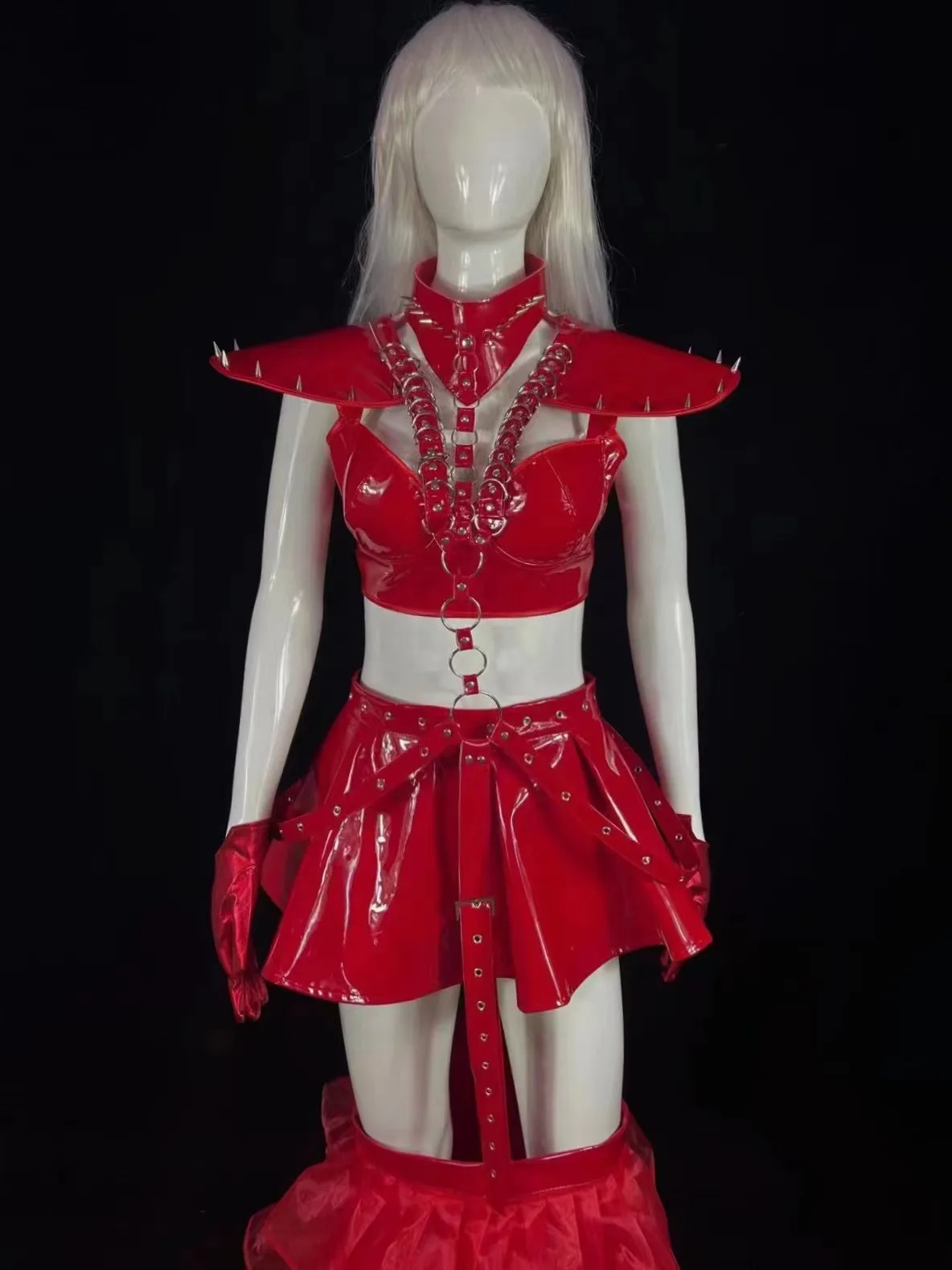 عرض زي فتاة فاخر للحفلات الزي الأحمر بولي Leader زعيم الليزر ارتداءها بار برشام مكدسة تنورة تنحنح ملهى ليلي سحب الملكة الهذيان الزي L #4