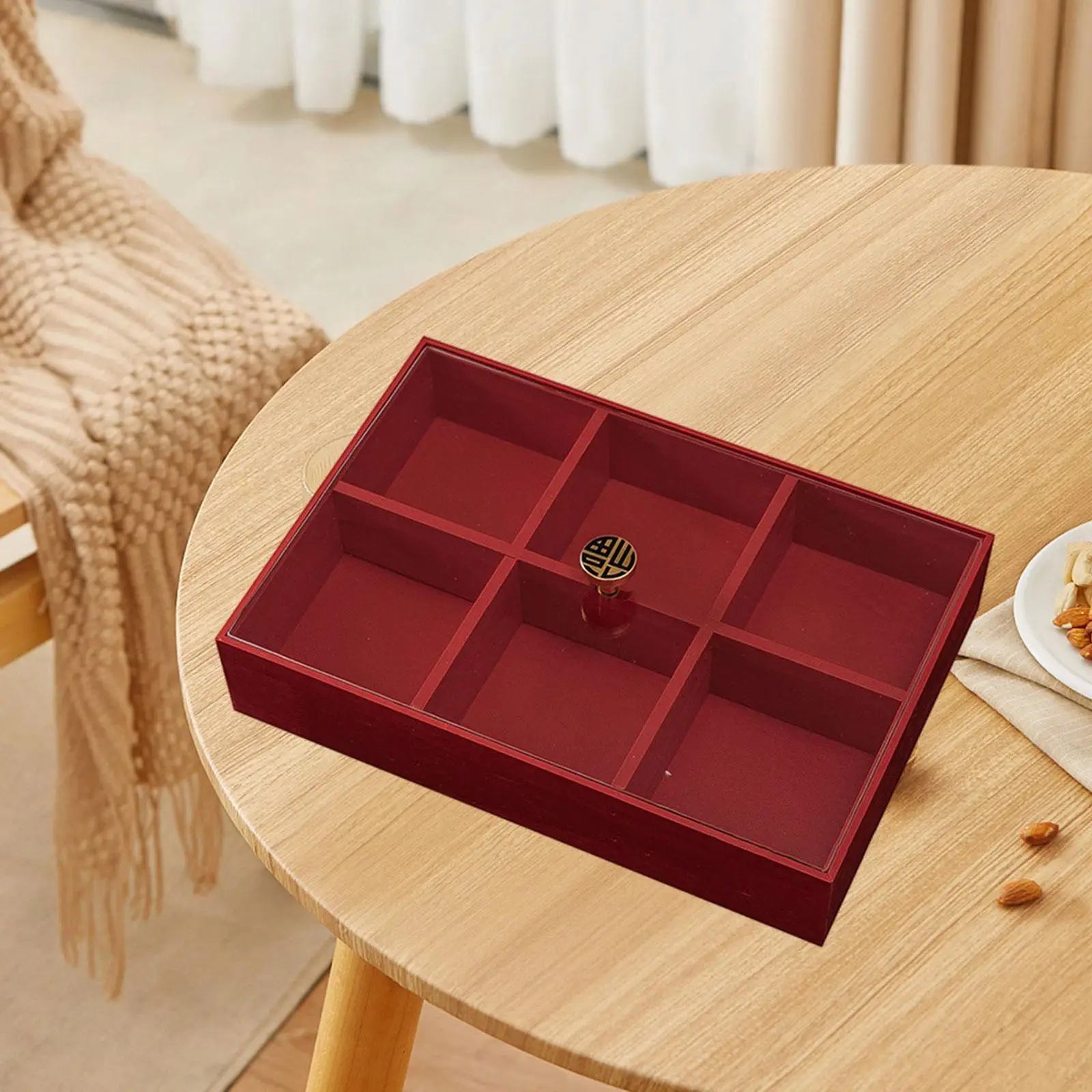 Dry Fruit Platter Tray Divided Serving Tray with Lid, Multipurpose 6 Grids Wood Food Storage Bin for Candy Dessert Cookies