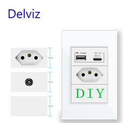 Delviz Brasil Padrão20A Tomada, Painel de soquete de cristal, Variedade de combinações, 120mm*72mm, AC 110V-250V, Switch e USB tomada personalizados DIY, Conexão de rede de tv, tomada BR Electric Plug Wall 10A Outlet