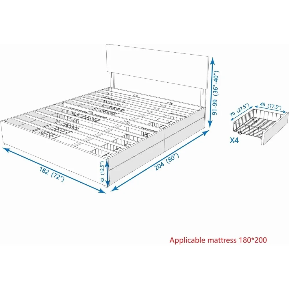 سرير بنانا كينج بإطار سرير مع لوح رأسي من الكريستال المنجد من القماش و4 أدراج للتخزين، ودعم شرائح معدنية، بالكامل