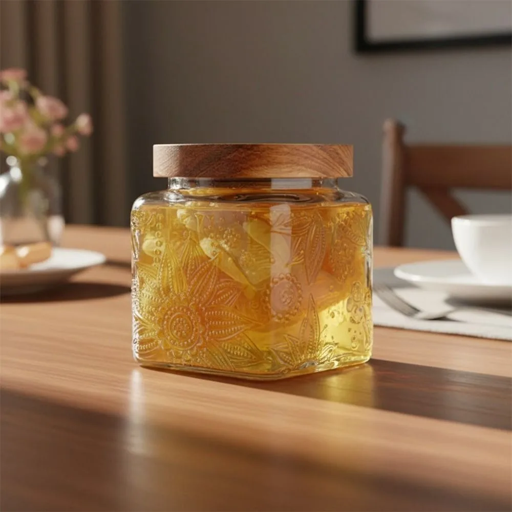 Vintage Embossed Glass Storage Jar Wood Lid Moisture-proof Mason Jar Square Transparent Kitchen Glass Bottle Nut