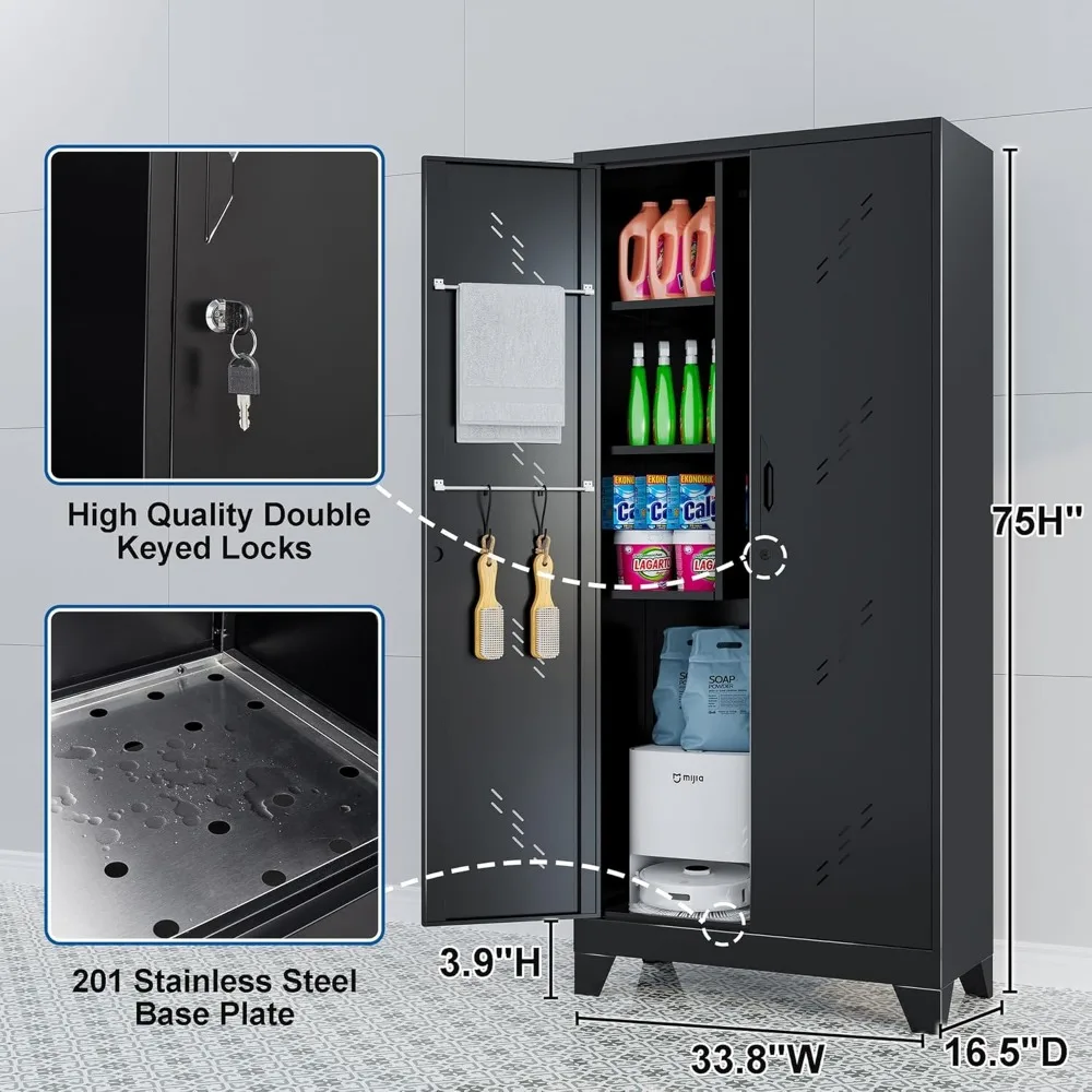 収納キャビネット、高さ75インチ x 幅33.8インチ x 奥行き16.5インチ、ロック付き扉付き大型ガレージキャビネット、広々としたスペース付きメタルキッチンパントリー
