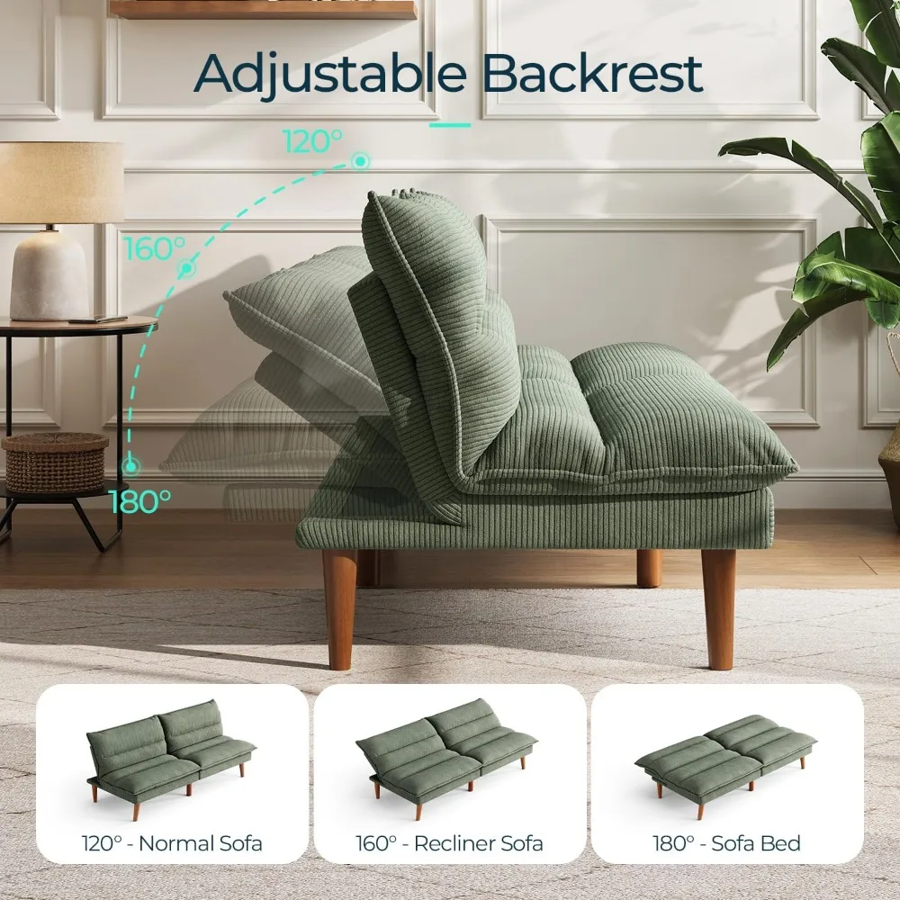 Sofá-cama futon conversível de veludo cotelê com encosto ajustável, sofá-cama pequeno e moderno