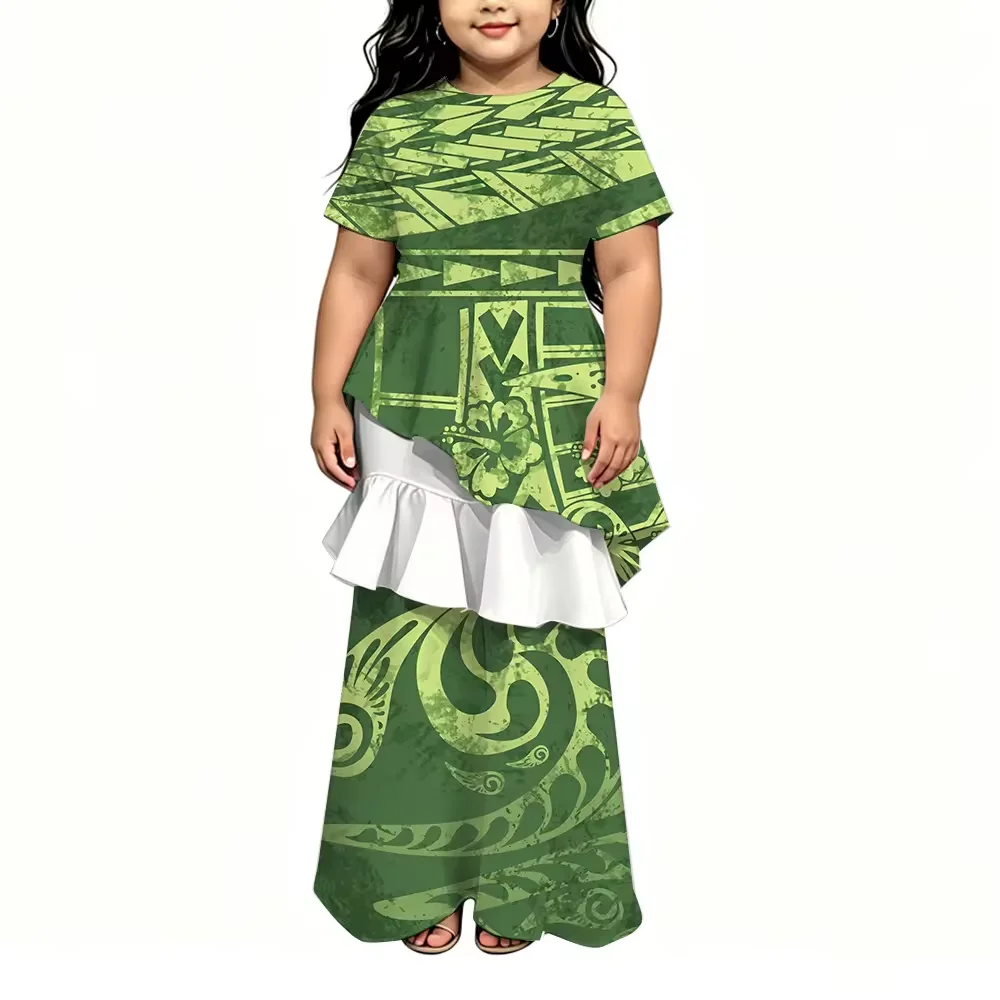 Custom Summer Polynesian Maxi Dress Purple White Hibiscus Vintage Tribal Geometric Print Short Sleeve Casual Daily Long Gown