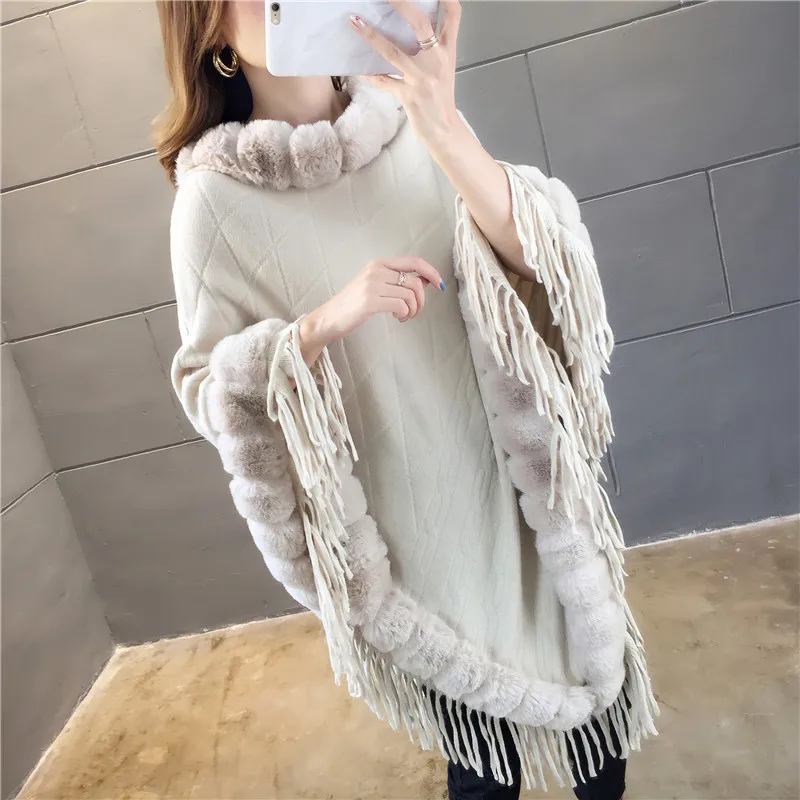 

Autumn Winter Imitation Rabbit Fur Women's Coat Imitation Wool Collar Pullover Shawl Warmth Poncho Capes Beige Cloaks