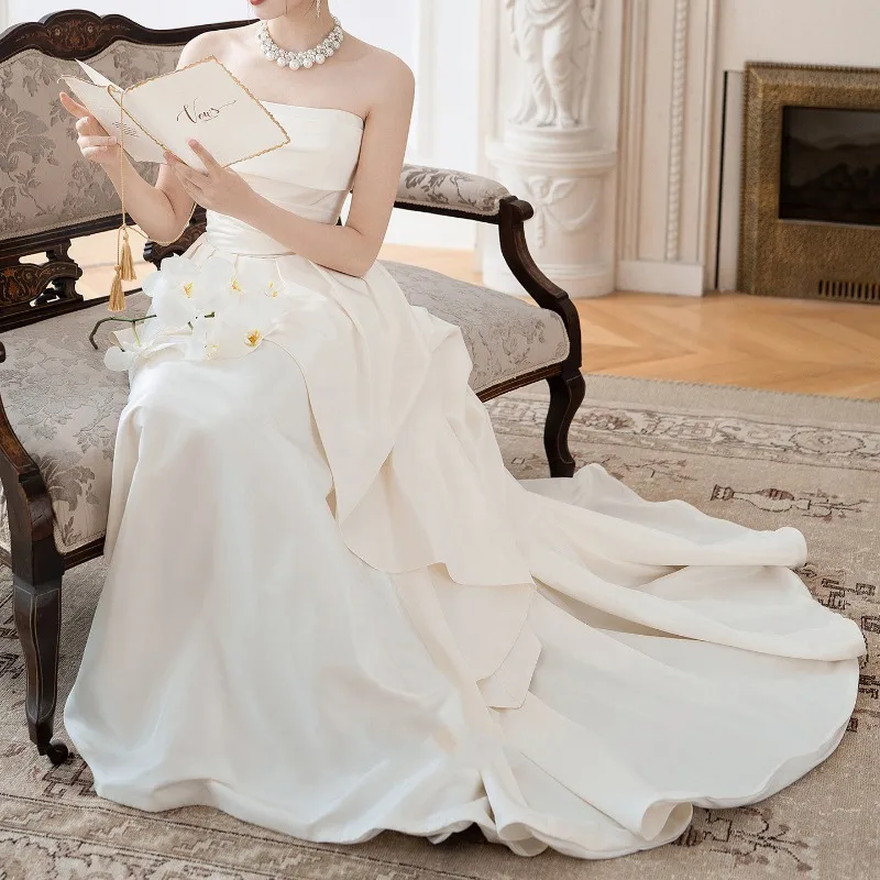 فستان زفاف فرنسي بدون حمالات، فستان زفاف خفيف وفريد للنساء، مناسب للتسجيل، أنيق، فستان أبيض طويل