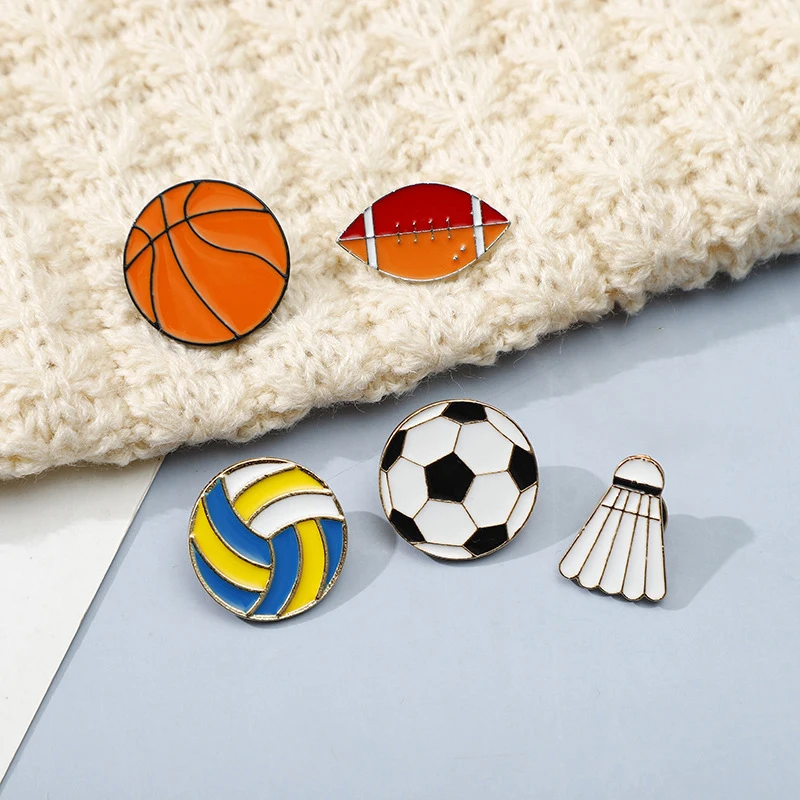 Trendy Sports Brooches Pins Men Basketball Badminton Table Tennis Volleyball Rugby Enamel Badge Metal Buckle Women Denim Jewelry