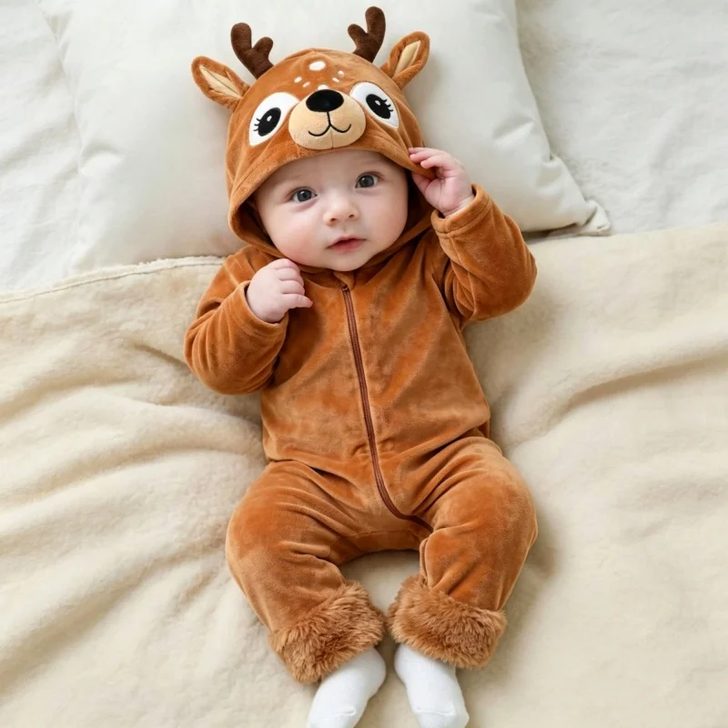 Baby Reindeer Costume Toddler Girls Boy Cute Plush Zipper Deer Hooded Romper for Christmas Halloween Holiday Cosplay Outfit