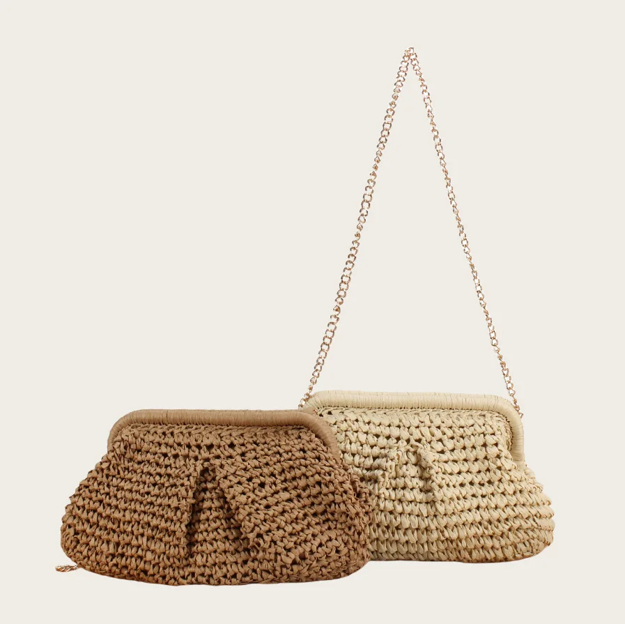 2025 nuevo bolso tejido de paja para mujer, bolso de mano de paja con correa de cadena, bolso cruzado elegante de gran capacidad, Color sólido para playa de verano