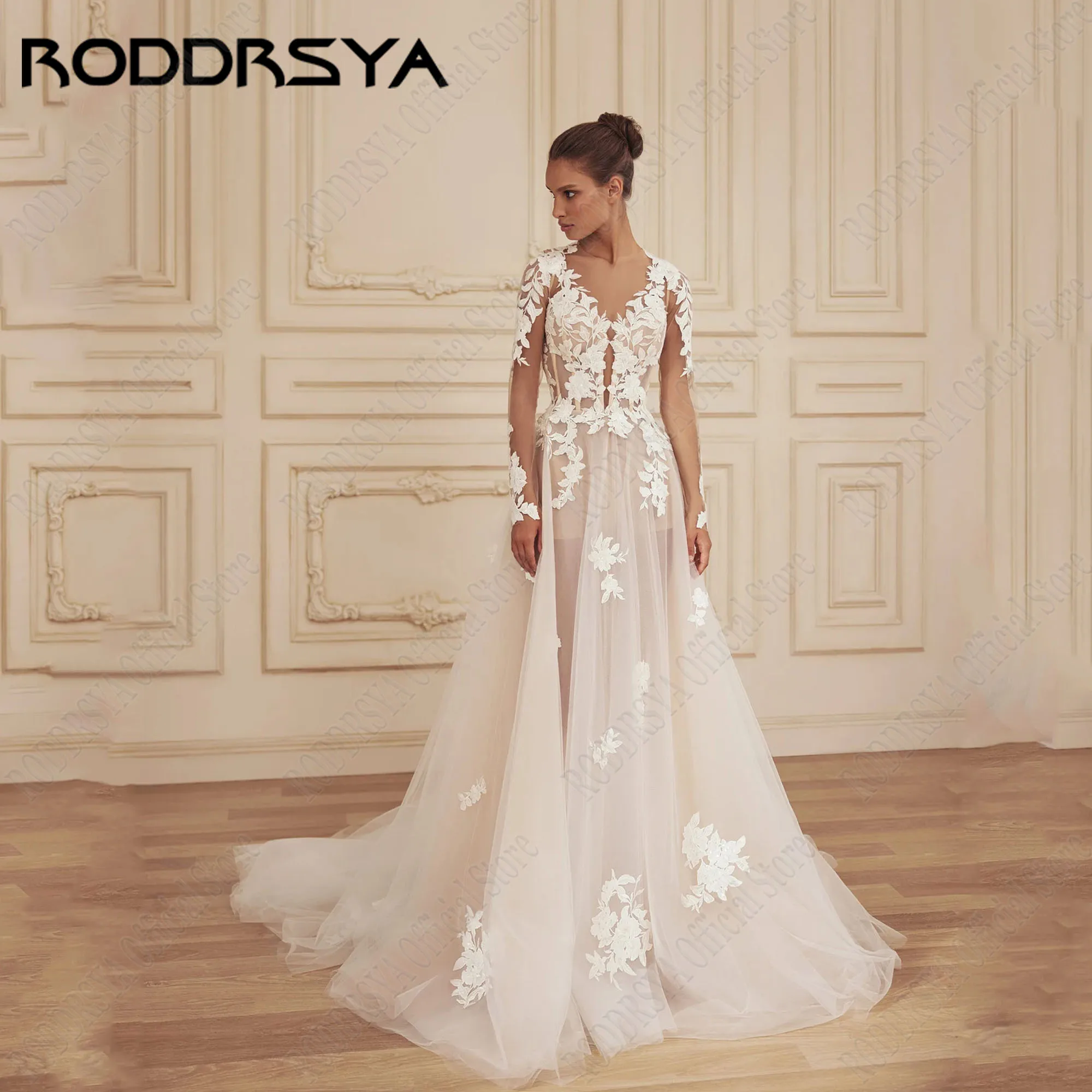 RODDRSYA Backless Lace Wedding Dress 2024 Long Sleeves A-Line Scoop Neck Tulle Bridal Gowns Civil Applique Vestidos De Novia