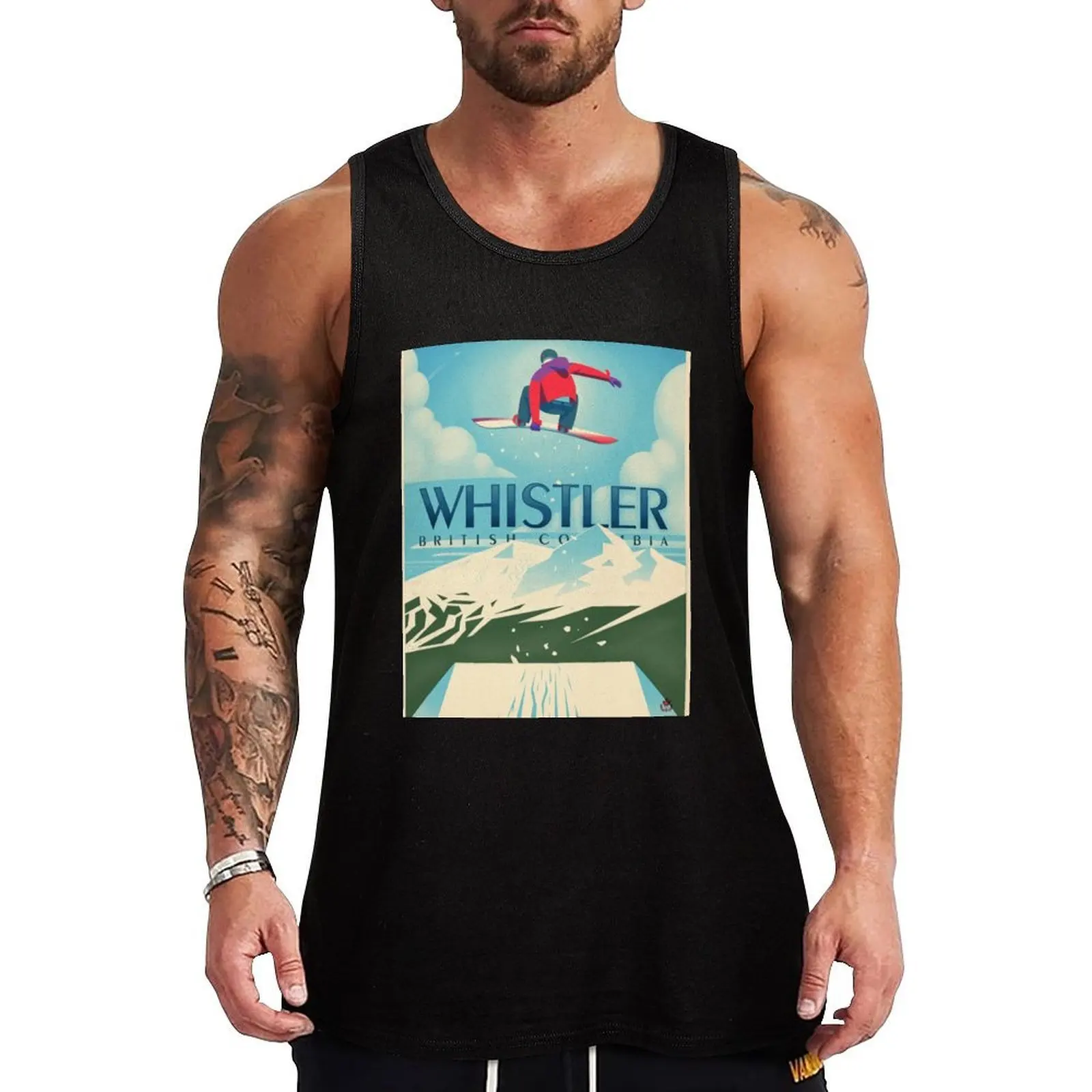 Camiseta sin mangas con estampado de viaje Snowboard Booter Whistler, BC, camiseta básica sin mangas, camiseta informal ligera
