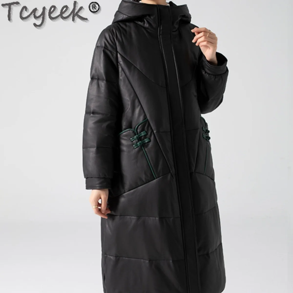 Tcyeek Piumino in vera pelle da donna Piumino d'anatra bianco Giacche invernali Cappotto lungo in vera pelle di pecora stile per abiti da donna con cappuccio