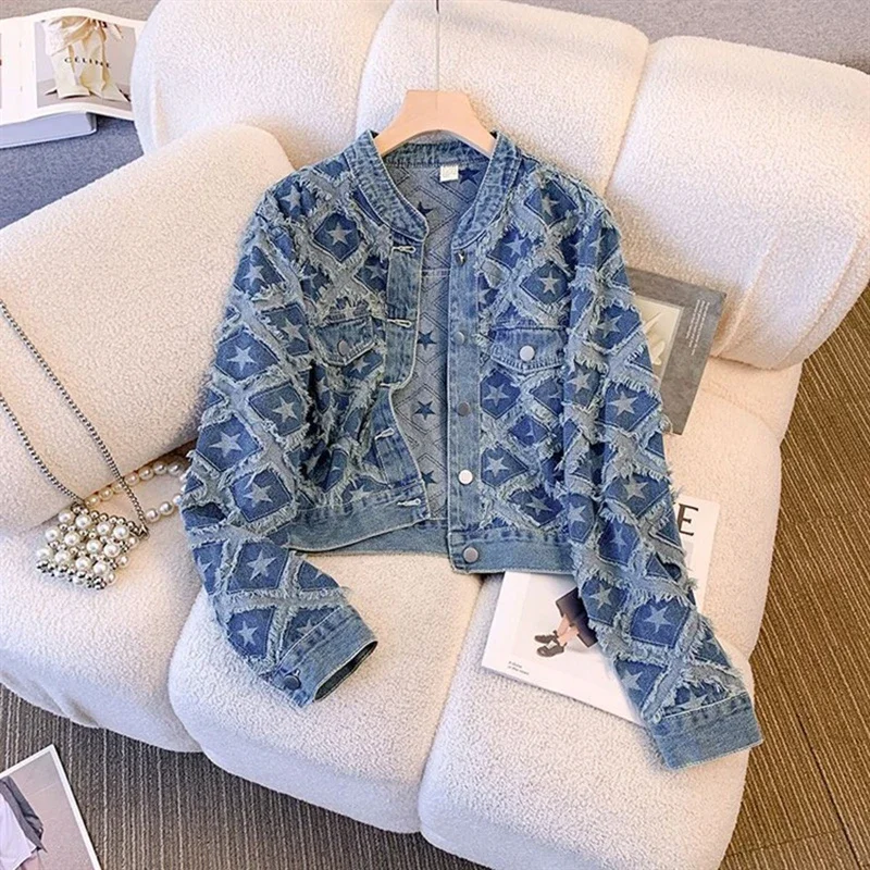 Y2K Short Denim Jackets For Women 2024 Spring New Elegant Five Pointed Star Design Tassels Jeans Coats Female Outerwear