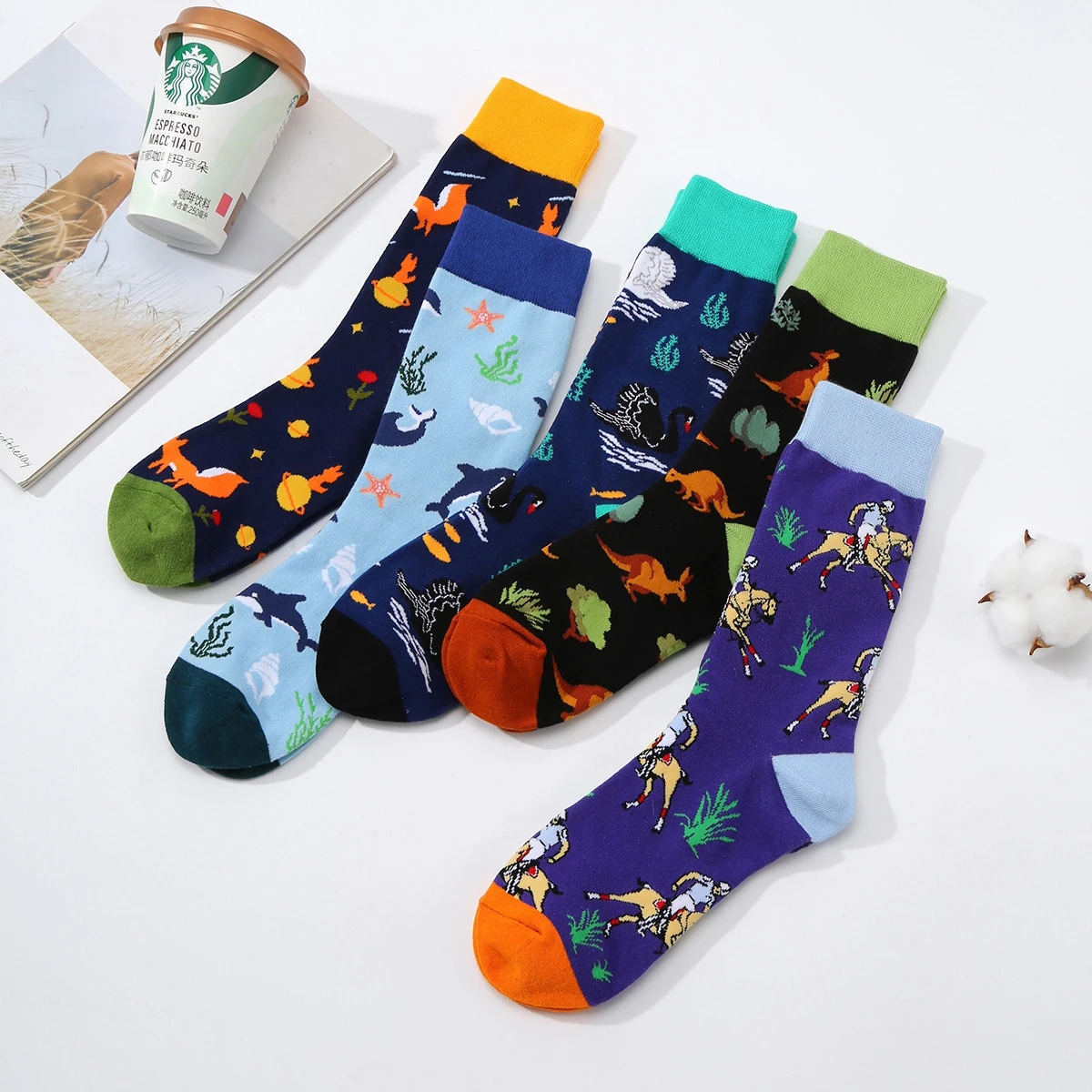 Men\'s Socks Fashion Animal Cartoon Ostrich Panda Kangaroo Fox Lizard Swan Horse  Socks Spring Autumn Happy Street Tide SocksGirl