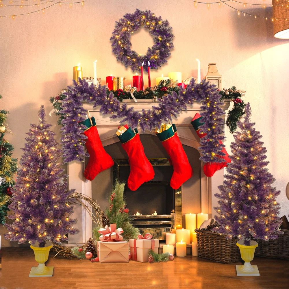 4PCS Pre-lit Christmas Artificial Tree Garland,Wreath and Set of 2 Entrance Trees,X-mas with LED Lights,  Purple