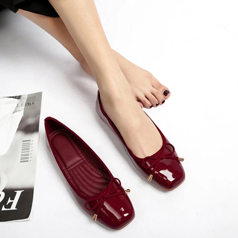 Comemore Leather Women Solid Ballerina Flats Plus Size 35-41 Office Shoes Ladies Black Espadrilles Square Toe Bow-knot Moccasins